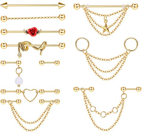 Kakonia Industrial Piercing Schmuck - Edelstahl Ohrringe Mit Kette, Dangle Industrielles Bar, Doppelknorpel Helix Ohrringe, 14G 16G Langhantel für Damen Herren
