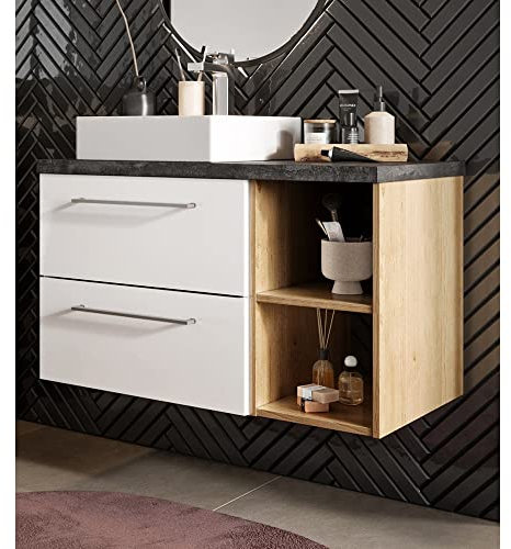 Lomadox Badmöbel Waschtisch Set mit Keramikwaschbecken in weiß Hochglanz, Trüffel Buche Nb. und Beton Dunkel, Metallgriffe in schwarz, B/H/T ca. 90/72,5/46