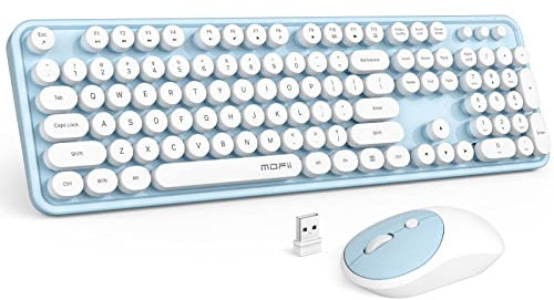 MOFII Clavier et souris sans fil bleu blanc à touches rondes pour machine à écrire 2,4 GHz avec récepteur USB 2 en 1 pour ordinateur portable, PC, Chromebook Smart TV