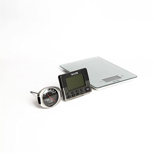Taylor Set of Gift-Boxed Silver Pro Glass Digital Kitchen Scale 5kg, Pro Stainless Steel Meat Thermometer, Pro Dual Event Digital Timer 24 Hour