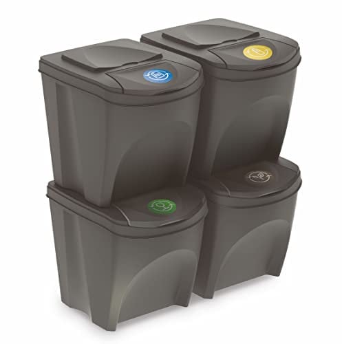 Spetebo Sortibox Mülleimer mit Deckel 25 L - 4er Set/steingrau - Stapelbares Müll Trennsystem - Abfall Sortierer Trenner Sytem Trennkörbe stapelbar mit Klappe