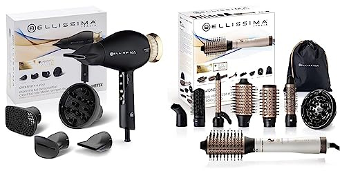 Bellissima Imetec Creativity 4 You, Secador de pelo, 4 accesorios, difusor,1800 W, Oro, Negro & Imetec Air Wonder, Cepillo de aire caliente, Tecnología Ion 1000 W, Color Blanco Satinado