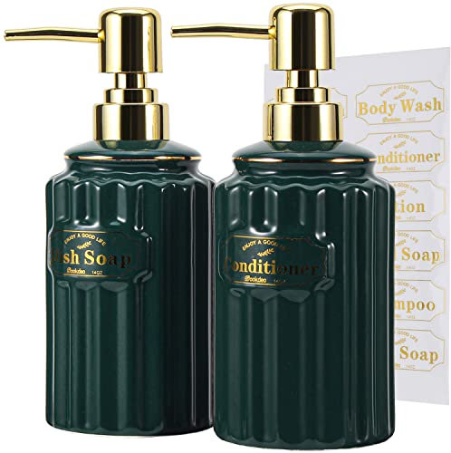 SOOKDEO Soap Dispensers, 400ml Ceramic Bottles with Gold Pumps & Waterproof Labels for Shampoo, Hand Soap, Dish Soap, Lotion, Body Wash - Ideal for Bathroom, Kitchen, Living Room, Set of 2 (Green)