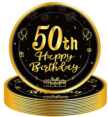 COSORO 16Pcs Black Gold 50th Birthday Paper Plates 9'', Tableware Party Disposable, Happy Birthday Table Decorations Gifts for Men, Ladies, Him, Her