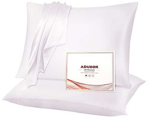 Adubor Seidenkissenbezug 40x60 cm für Haar und Haut, mit verstecktem Reißverschluss, beide Seiten, 23 Momme Seide, Fadenzahl 900 (reines Weiß, 2 Stück)