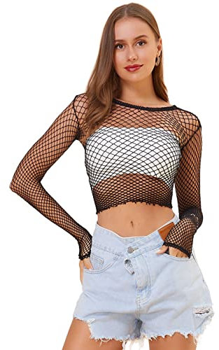 LemonGirl Women Fishnet Long Sleeve Crop Top Lingerie Babydoll Chemise Mesh Tops US2-16 Black