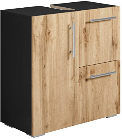 Badezimmer Badmöbel Mars - Schwarz mit Eiche - Unterschrank Badmöbelset Badschrank Schrank Waschbeckenunterschrank