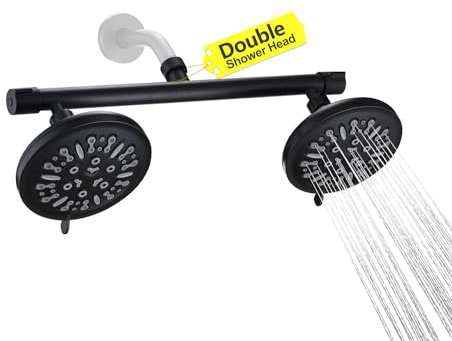 Double Shower Head with Built-in 2 Shut-Off Valve Shower Distributor, High Pressure 8 Settings, Double Shower Head, Perfect for Couples in Walk-in Bathroom or Singles in Bathtub, Matte Black