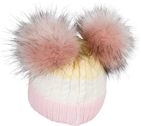styleBREAKER Kinder Strick Bommelmütze 3-Farbig Gestreift, 2 Kunstfellbommel, Fleece Futter, 2-5 Jahre 04024204