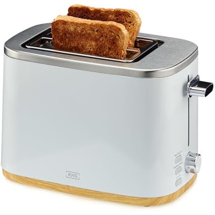 KHG Toaster TO-810 WWD | 2 Scheiben Toaster mit Brötchenaufsatz | 7 Bräunungsstufen mit Bräunungskontrolle, Krümelfach | 800 Watt Leistung | Außengehäuse - Weiß mit Holzapplikation