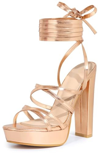 Perphy Platform Lace Up Block Heels Sandals for Women, Rose Gold, 6 UK