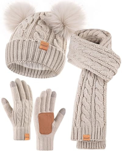 Winuesa Mütze, Schal & Handschuh-Sets für Damen, Beanie Mütze Damen Winter mit Bommel Fleece Gefütterte, Touchscreen Handschuhe Schal 3 in 1 Geschenk Set(Haferflocken)