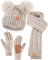 Winuesa Mütze, Schal & Handschuh-Sets für Damen, Beanie Mütze Damen Winter mit Bommel Fleece Gefütterte, Touchscreen Handschuhe Schal 3 in 1 Geschenk Set(Haferflocken)