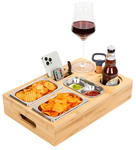 Cinnani Couchbar aus Bambus, Sofa Organizer auf dem Beistelltische Couchtisch, Couch butler,Snackbox mit teilbaren Fächern Ideal für Wohnzimmer Schlafzimmer Garten Camping sowie als Geschenk