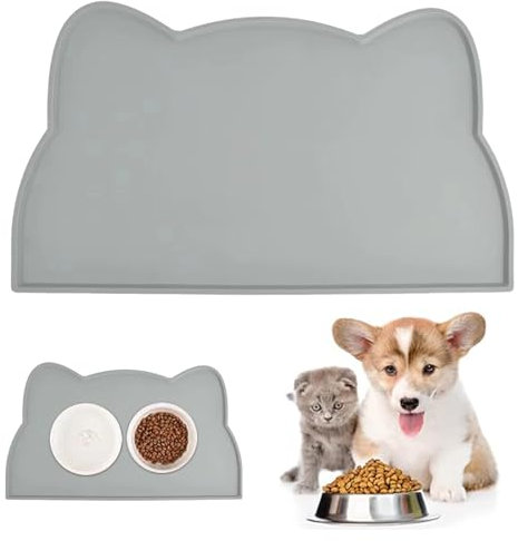 Tapis Gamelle Chien Et Chat, Tapis De Nourriture pour Animal De Compagnie, Tapis de Nourriture pour Chat et Chien, Tapis Antiderapant Dessous Gamelles pour Animaux, Imperméable, Silicone, Gris Clair
