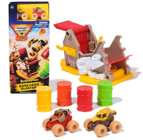 Monster Jam - Mini Lanzador 'Boneyard Blaster' Y 2 Mini JAMS Metal Escala 1:87 Monster Truck MUTT Y Earth Shaker - 6069771 - Coches para Niños - Juguetes Niños 3 años +