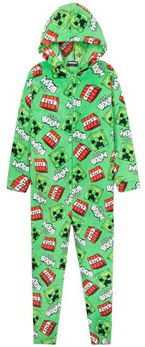 Minecraft Fleece Jumpsuit Kinder Jungen Schlafoverall mit Kapuze, Gamer Geschenke für Kinder Teenager (Grün/Mehrfarbig, 9-10 Jahre)