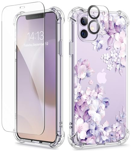 GVIEWIN Compatible with iPhone 11 Case 6.1'' 2019, with Screen Protector+Camera Lens Protector, Non-Yellow Flower Clear Soft TPU Slim Bumper Shockproof Protective Phone Cover, Foliolosa/Purple
