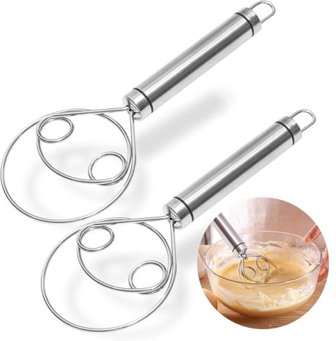 Lot de 2 fouets danois en acier inoxydable 304 - Double trous pour un mélange rapide - Style hollandais pour pain, pâte, gâteau, pâtisseries