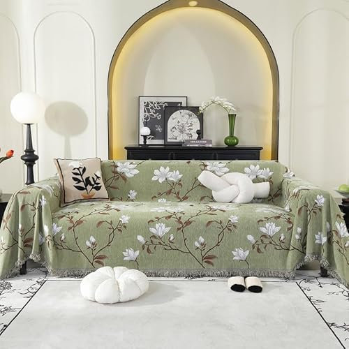 LiveGo Sofa Cover for 3 Seater, Chenille AB Sided Slipcover for Sofa, All-Season Couch Cover for Dogs, Sofa Loveseat Covers Futon Cover L Shaped Sofa Cover with Tassel (green 180 * 260cm)