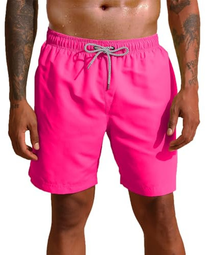 MADHERO Herren-Badehose, kurz mit Netzfutter, Badeshorts, Outdoor-Sport-Shorts, Knallpink (Hot Pink), L