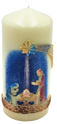 Vela de pilar 3D hecha a mano XL, de alta calidad, vela del altar, vela de nacimiento de Cristo, vela cristiana con elaborada decoración de la Sagrada Familia en color crema, tamaño: 8 x 18 cm (ancho