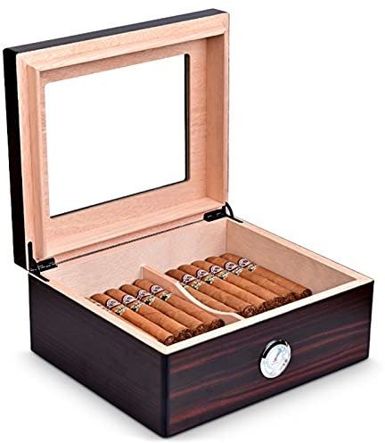 MRKU Zigarrenkisten, Humidore, Zigarrenhumidore mit Glasdeckel, handgefertigte Aufbewahrungsbox mit Luftbefeuchter und Hygrometer, Zigarrenetui für bis zu 50 Zigarren, Herren