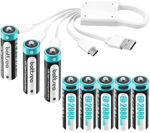 Battsea Lot de 8 piles AA 1,5 V avec USB C AA rechargeables USB C AA rechargeables 2880 mWh 0,8 h Charge rapide 1600 cycles AA Compatible avec appareil photo clignotant