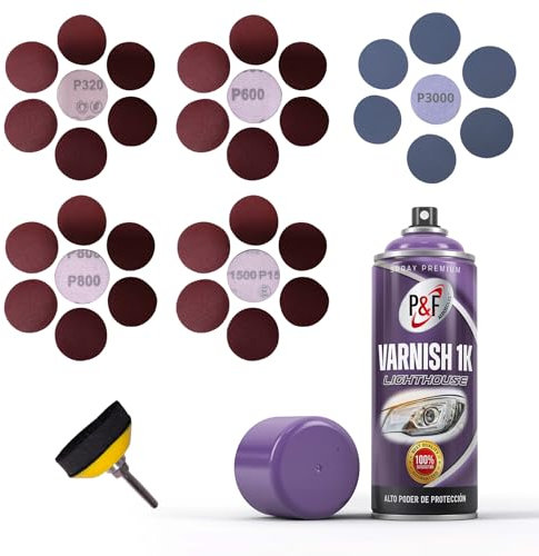 AEROSOLES P&F KIT RESTAURAR FAROS COCHE. Laca, restaura y protege de los rayos UV. Adherencia en policarbonato. Alto brillo. VARNISH CAR HEADLIGHTS MILTISUPERFICIE, Spray barniz 1K 400 ml