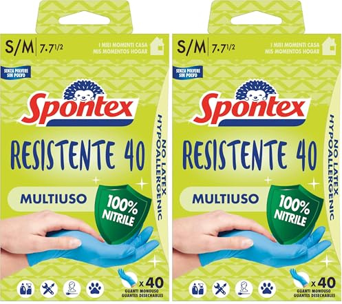 Spontex Guanti Monouso Resistente 40, Guanti in Nitrile Ipoallergenici, 40 Pezzi, Taglia S/M (Confezione da 2)