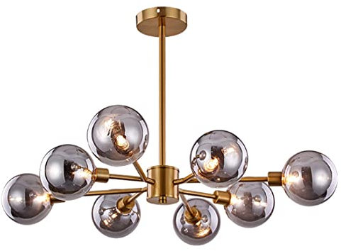 Lustre en verre gris fumé à 8 lumières Lustres dorés avec abat-jour en globes de verre Luminaire suspendu de plafond sphérique en verre Lustres du milieu du siècle Éclairage de salle à mange