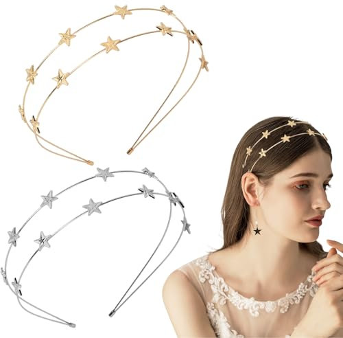 Husalsea Bandeaux Étoile en Métal, Serre-Tête Femme et Fille, Bijoux de Tête avec Étoile Strass, Serre-Tête Noël Or et Argent pour Fêtes et Occasions Spéciales