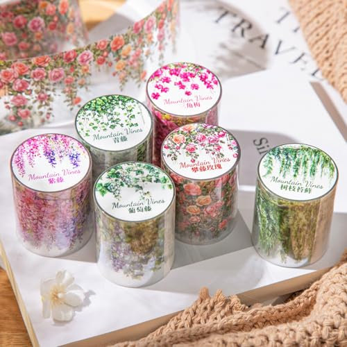Scrapbook Zubehör Tape with Blumen Aufkleber, 6 Rolls Flowers Scrapbook Stickers, PET Washi Tape Set for Scrapbooking, Junk Journaling, Bullet Journal, DIY Crafts, Painting