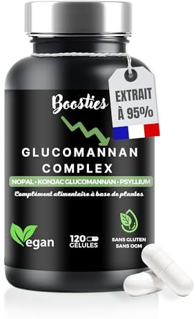 Konjac Glucomannan (95%) extra fort, Nopal, Psyllium, Chrome – Soutient la satiété – ASoutient le contrôle du poids et glycémie 120 gélules – Végan