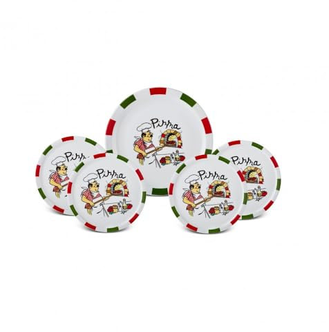 Karaca Napoly 5-Piece Porcelain Pizza Set for 4 People, Large Pizza Plate (30cm), 4 x Small Pizza Plate (27cm), White Multi