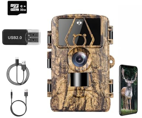 Wildkamera mit 8K Video, 60MP Full HD WLAN Übertragung, Bewegungssensor und Nachtsicht - Infrarot Kamera für Wildtiere, 0,1s Auslösezeit, inkl. 32G Speicherkarte & Kartenleser, IP66 Wasserdicht