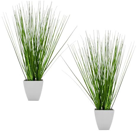 Spetebo Kunst Dekogras grün 44 cm im weißen Topf - 2er Set - Künstliches Zebragras mit Blumentopf - Kunstpflanze Zimmerpflanze Deko Gräser Grasbündel Ziergras
