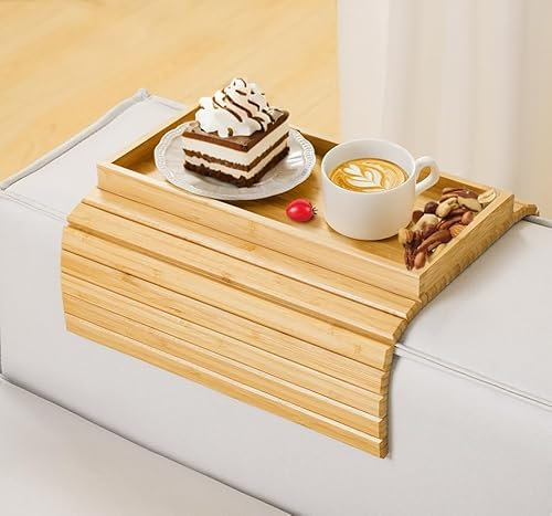 BEZHGOC Sofa Arm Tray, Sofa Table for Couch Foldable Bamboo Armrest Couch Cup Holder Tray for Snacks Drinks Phone Control