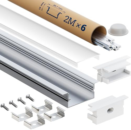 Oscilunaria LED Aluminium Profil 2m 6 Stück – LED Strip Kanal/Schiene mit Diffusor Leiste | Für LED-Streifen bis 15mm, Größe 26.7 × 10mm | Inkl. Endkappen Schrauben & Montageclips (2m 6 Stück)