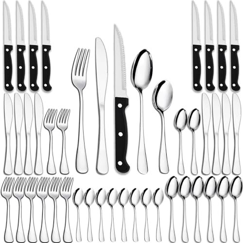 40 Pieces Cutlery Set with Steak Knives, PionStar Stainless Steel Cutlery Set for 8 People, Cutlery Set Include Knives, Forks, Spoons, Teaspoons and Steak Knives, Dishwasher Safe/Mirror Polished