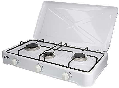 Cocina de Gas Portátil, 3 Fuegos Esmaltada, Blanca, con Quemadores de 50mm/65mm/75mm, Kit Completo con Regulador y Manguera 1,5m