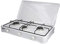 Cocina de Gas Portátil, 3 Fuegos Esmaltada, Blanca, con Quemadores de 50mm/65mm/75mm, Kit Completo con Regulador y Manguera 1,5m