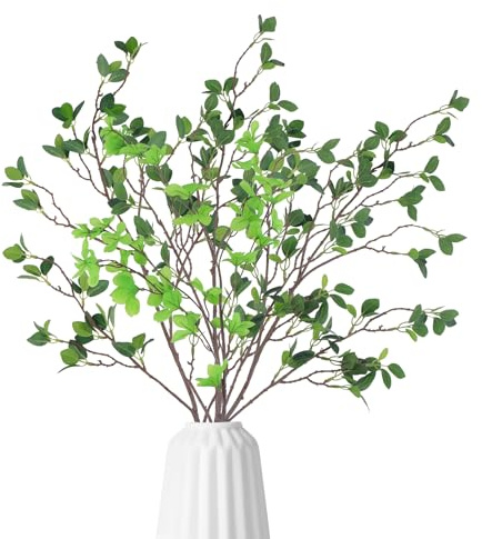 DXLing 3 Stück 109cm Künstliche Pflanzen Zweige Lang und 1 Stück 86.5cm Künstlich Pflanzen Stämme wie echt Künstliche Ficus Zweige Kunstzweige äste Deko Grün Eukalyptus Kunstpflanzen für Vasenfüller
