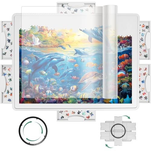 Leichtes 1500-Teile Drehbares Puzzlebrett mit 6 Schubladen & Schutzabdeckung, 360° Lazy-Susan-Design, 87x67 cm Tragbarer Puzzletisch für Erwachsene, Geschenk für Mama