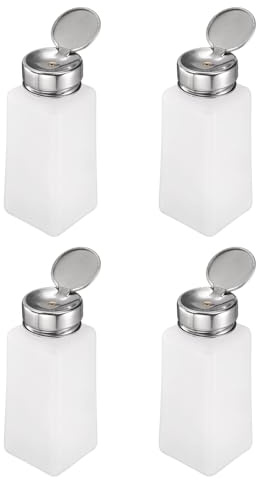 sourcing map 4pcs Solvent Alcohol Dispenser 250ml(8.5oz) Nail Polish Remover Push Down Liquid Dispenser Pump Bottle with Stainless Steel Press Head for Acetone Solution, White