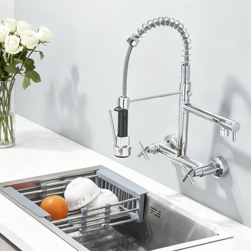 Wasserhahn Küche Wandmontage Küchenarmatur 360° Schwenkbar mit Flexibler Auslauf Herunterziehbare Mischbatterie Wasserhahn Wand Spültischarmatur Chrom