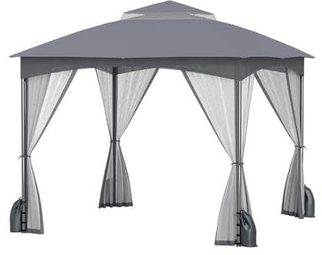 RELAX4LIFE Pavillon 3x3 m Wasserabweisend Stabil Winterfest, Gartenpavillon mit 4 Moskitonetz Seitenteilen & Doppeldach, Partyzelt mit 8 Bodenpfählen & 4 Sandsäcken, für Garten, Terrasse (Grau)