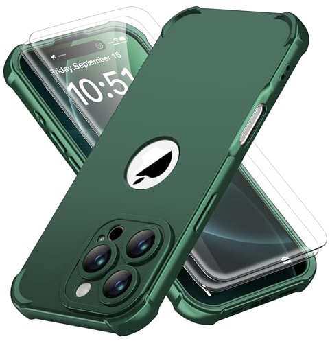 ORETECH for iPhone 16 Pro Case 6.3-Inch, with [2 Pack 9H Screen Protector] [Camera Lens Guard] [15FT Military Grade Drop Test] 360° Shockproof Slim Fit Design Rubber Bumper Phone Cover - Alpine Green