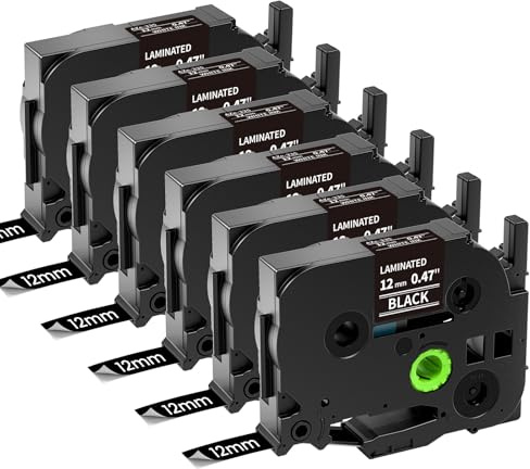 MarkField 6xTZe-335 12mm Bänder Kompatibel mit Brother P-touch Schriftband | Weiß auf Schwarz 12mm x 8m 0.47 TZe335 TZ-335 Tape für Brother Beschriftungsgerät PT-H100LB H105 1010 H107 1000 1005 1280