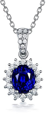 Calefee Halskette mit Labor Saphir, Damen Kettenanhänger Weißgold 585 mit Labor Saphir 1.3ct und Diamant, Echtschmuck für Frauen